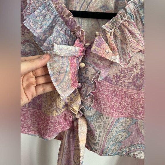 Zara Paisley Ruffle Crop Sheer Button Down Long Sleeve Blouse - Pastel - Medium - Picture 6 of 10
